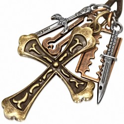 Alliage lame de rasoir clé à molette couteau croix médiévale charm réglable en cuir brun collier