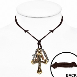 Alliage lame de rasoir clé à molette couteau croix médiévale charm réglable en cuir brun collier
