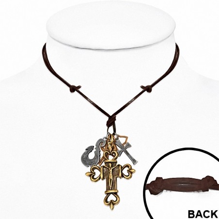 Alliage amour ciseaux crucifix coeur croix charm réglable en cuir noir collier