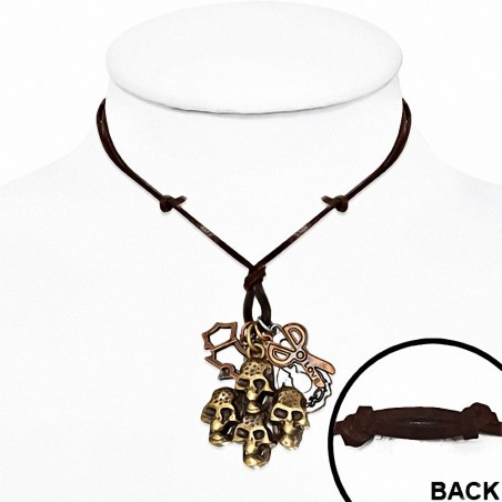 Collier en cuir noir ajustable avec breloque crâne en alliage  en ciseaux