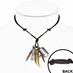 Alliage lame de rasoir clé à molette couteau chanceux charm corne collier en cuir noir réglable