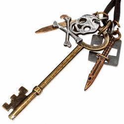 Couteau en Alliage Pirate Skull Crossbones Skeleton Key Charm Collier en cuir noir réglable
