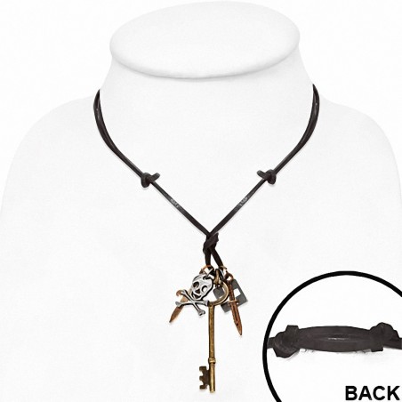 Couteau en Alliage Pirate Skull Crossbones Skeleton Key Charm Collier en cuir noir réglable