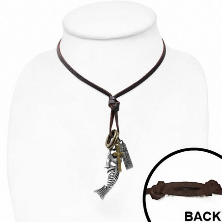 Alliage alliage fishbone croix anneau charm réglable en cuir brun collier