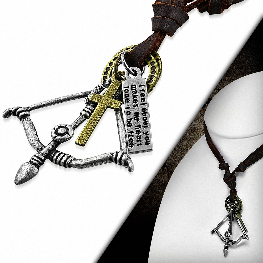 Alliage alliage marin croix anneau tag charm réglable en cuir brun collier