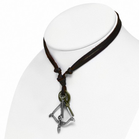Alliage alliage marin croix anneau tag charm réglable en cuir brun collier