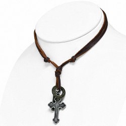 Collier double en cuir marron et charm en alliage Anneaux Plaque gravée Croix latine Croix fleur de lis