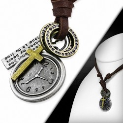 Alliage alliage horloge croix anneau charm réglable en cuir brun collier