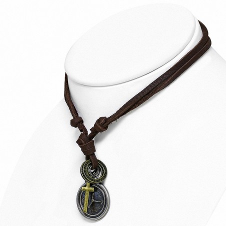 Alliage alliage horloge croix anneau charm réglable en cuir brun collier