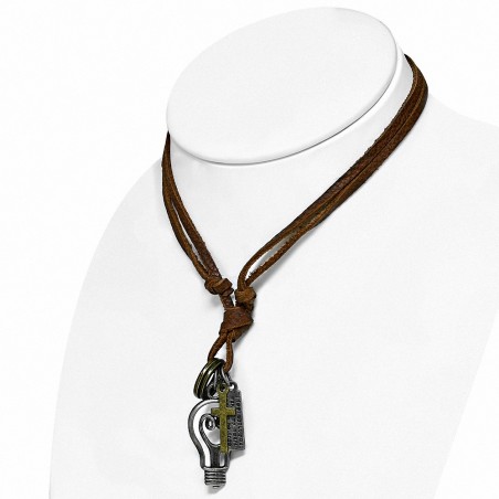 Alliage alliage croix bague tag charm réglable en cuir brun collier