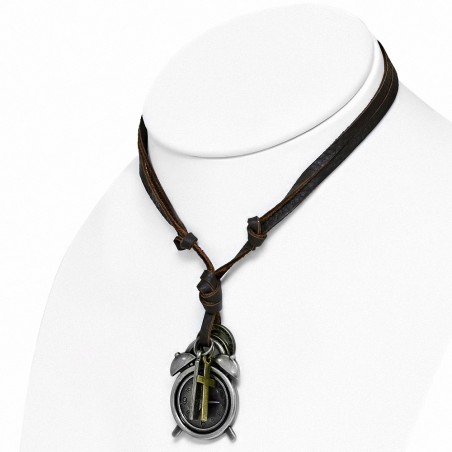 Alliage réveil croix anneau tag charm réglable en cuir brun collier