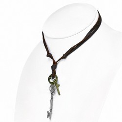 Alliage étoile fleur squelette clé croix anneau tag charm réglable en cuir brun collier