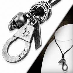 Alliage crâne sexe symbole menotte bague tag charm collier de motard en cuir noir