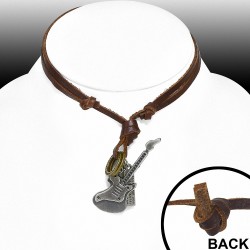 Alliage Guitare Instrument de musique Croix Tag Anneaux charm Collier en cuir brun réglable