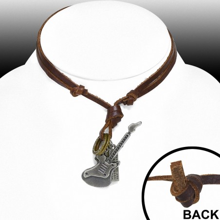 Alliage Guitare Instrument de musique Croix Tag Anneaux charm Collier en cuir brun réglable