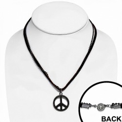 Alliage 2-ton signe de paix charm boule militaire lien chaîne brun collier en cuir véritable