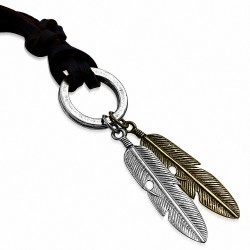 Alliage 3 anneaux de plume d'oiseau / feuille breloque collier réglable en cuir noir