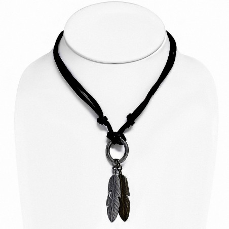 Alliage 3 anneaux de plume d'oiseau / feuille breloque collier réglable en cuir noir