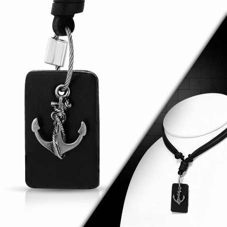 Alliage marin bicolore Charm avec breloque réglable en cuir véritable noir