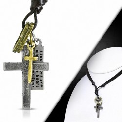 Alliage de croix latine à 3 tons avec collier réglable en cuir noir