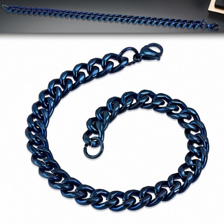 L-22cm W-9mm | Bracelet chaine maillon cubain en acier inoxydable bleu avec fermoir mousqueton