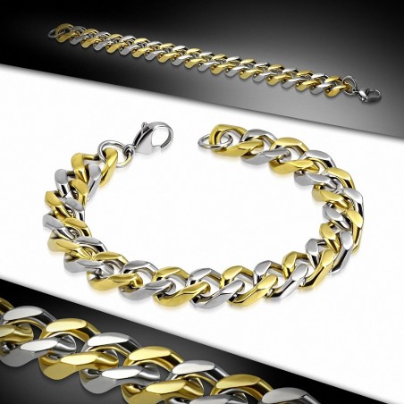 L-22cm L-11mm | Bracelet chaîne en mailles cubaines à fermoir mousqueton en acier inoxydable 2 tons