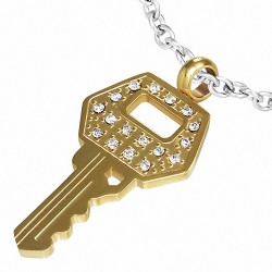 Pendentif petite clé en acier doré avec plaqué de couleur d'or - strass
