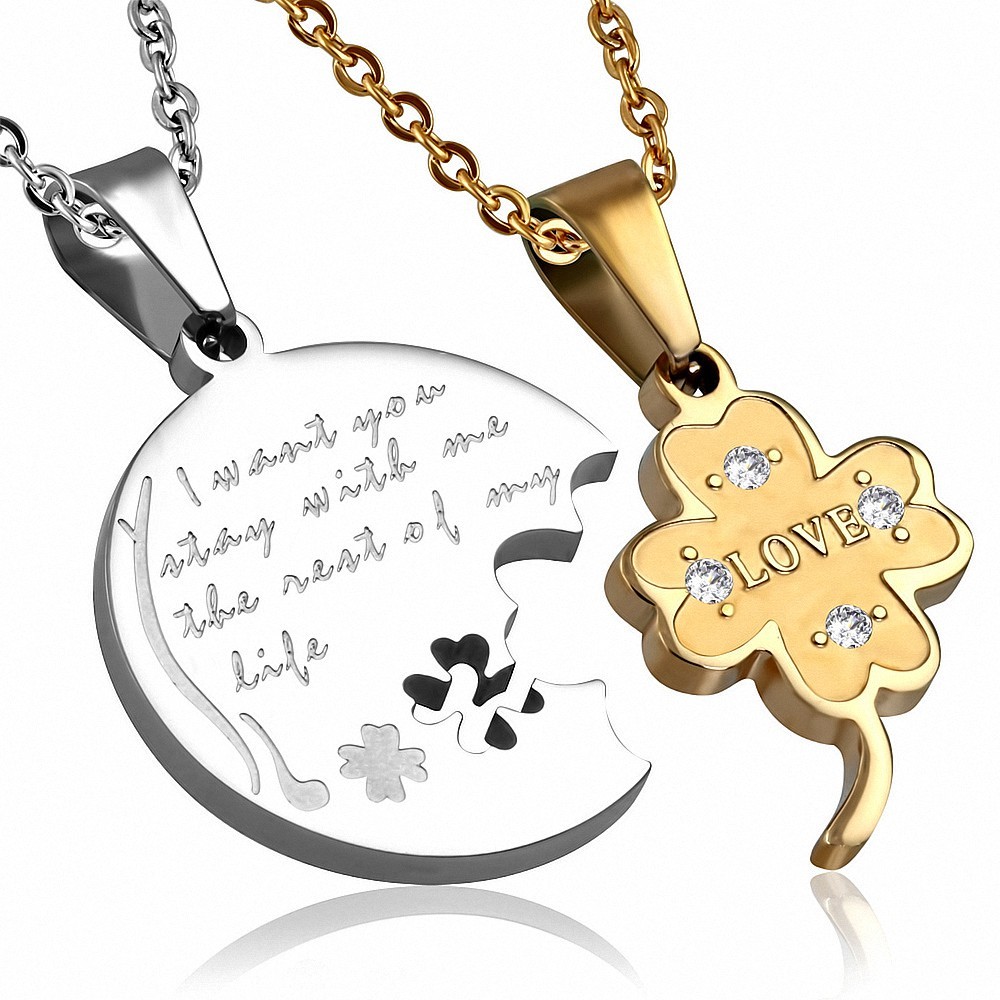 Pendentif en couple de fleurs avec coeur en acier inoxydable à deux tons en deux parties avec cercle d'affirmation et d'amour