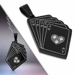 Pendentif en acier inoxydable avec coeurs de cartes à jouer en acier inoxydable noir gemme