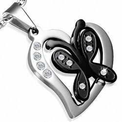 Pendentif breloque coeur ouvert en forme de papillon en acier inoxydable avec coeur et coeur