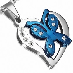 Pendentif avec charm de papillon en forme de coeur d'amour en acier inoxydable ouvert en acier inoxydable gemme