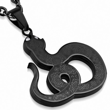 Pendentif serpent en spirale à fleurs en acier inoxydable noir gemme