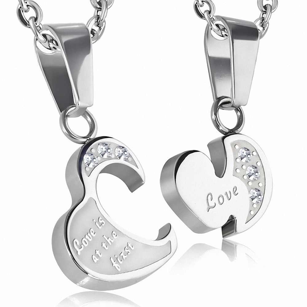 Pendentif 2 pièces en forme de coeur avec coeur d'amour en acier inoxydable avec - strass