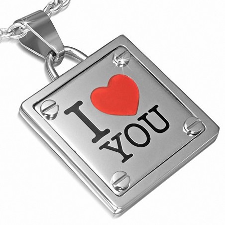 Pendentif tag monogramme coeur I love you en acier inoxydable 3 tons