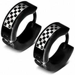 Boucles d'oreille Huggie Hugo en acier inoxydable noir à grille / damier (paire)