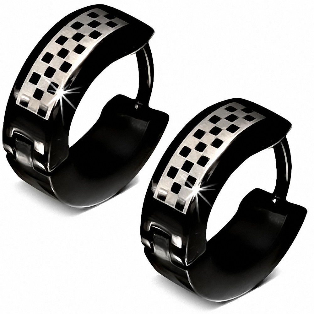 Boucles d'oreille Huggie en forme de grille / checker en acier inoxydable noir (paire)