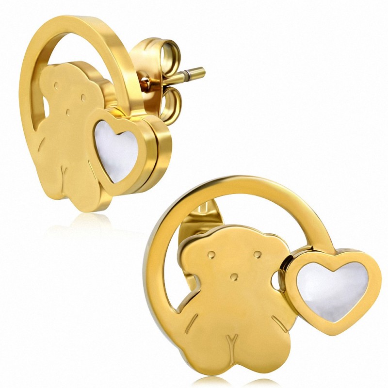 Boucles d'oreilles en argent avec coeur spirale en acier inoxydable doré avec incrustations de coquille (paire)