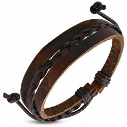 Bracelet réglable en cuir marron tressé  et à multiples cordes