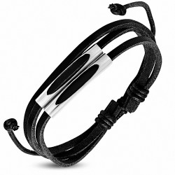 Bracelet ajustable en cuir noir  et à la corde ovale à triple lanière