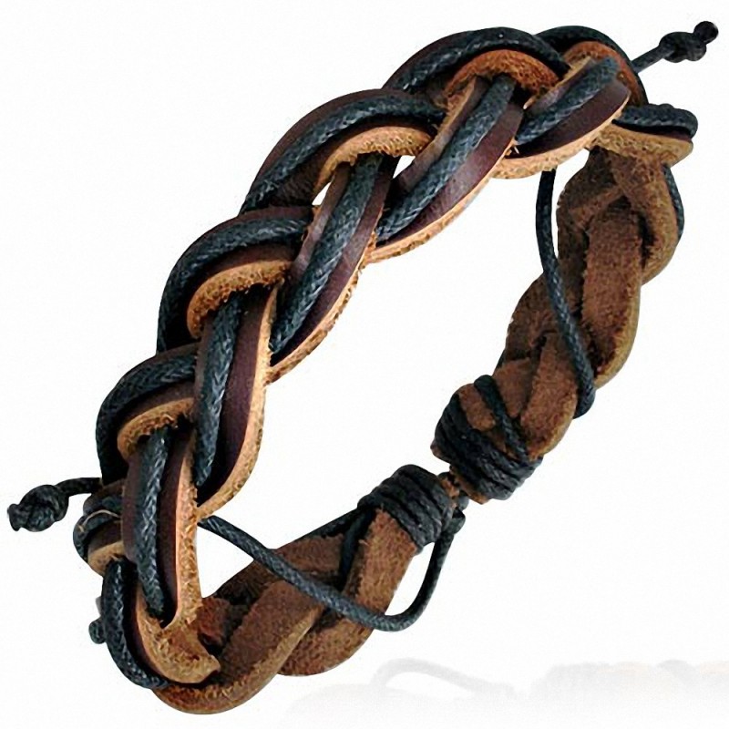 Bracelet en cuir marron ajustable tressé  et à cordes multiples