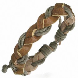 Bracelet ajustable tressé en cuir clair et corde grise doublée