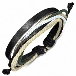 Bracelet ajustable en cuir noir avec corde noire crème verte et blanche