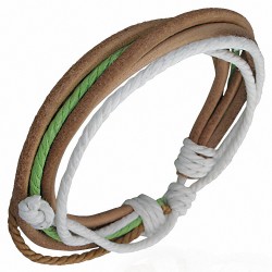 Bracelet ajustable en cuir et cordes caramel verte et blanche