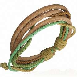 Bracelet ajustable en cuir et cordes camaïeu de vert