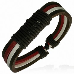Bracelet ajustable 4 bandes de cuir : marron rouge blanc