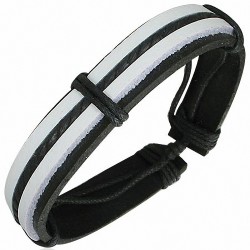 Bracelet ajustable en cuir noir avec 2 bandes blanches et corde