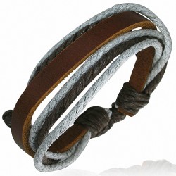 Bracelet ajustable en cuir brun avec cordes grises et marron