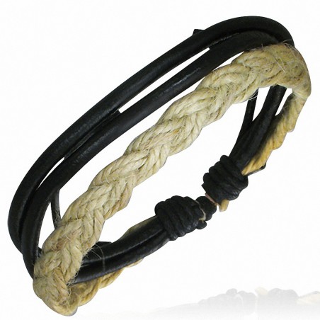 Bracelet réglable 2 lanières ronde en cuir noir et sisal tressé