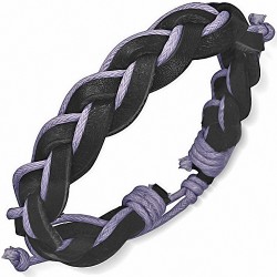Bracelet ajustable tressé en cuir noir et corde parme
