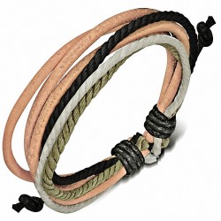 Bracelet ajustable triple en cuir clair avec corde noire blanche et verte